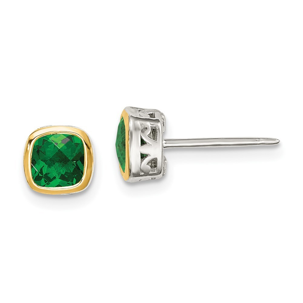 925 Sterling Silver With 14k Accent Created Green Emerald Square Stud Earrings
